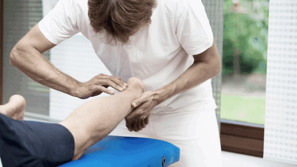 A clinician in a white medical coat performing a manual assessment and therapeutic manipulation of a patient's heel and lower leg to provide treatment for Achilles tendonitis at Spine and Joint Center in Fort Lauderdale.