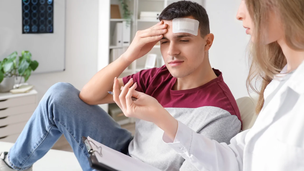 A man with a bandage on his forehead sitting in a clinical setting and touching his temple in pain to highlight the need for a concussion treatment chiropractor at Spine and Joint Center in Fort Lauderdale.