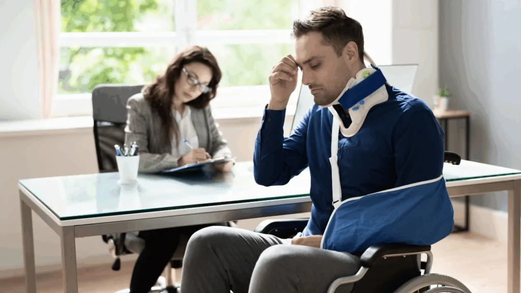 A male office worker in a wheelchair with a neck brace and arm sling, highlighting the critical need for an office worker chiropractor in Fort Lauderdale to manage desk-job injuries.