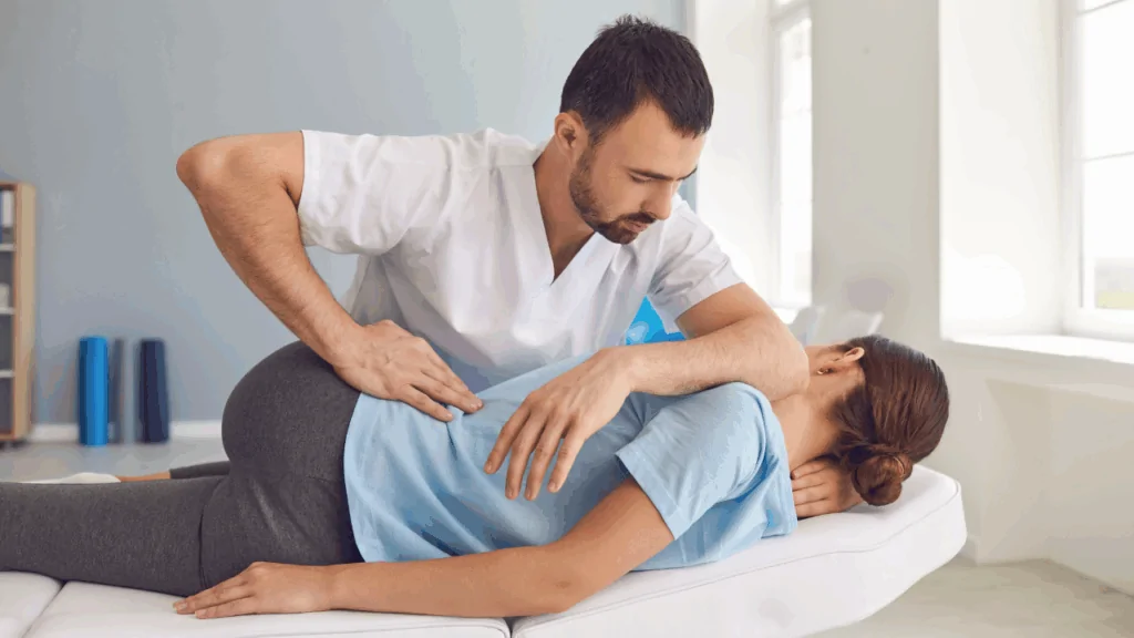 A chiropractor in a white medical coat performing a gentle manual adjustment on the lower back of a female patient to provide osteoporosis management at Spine and Joint Center in Fort Lauderdale.