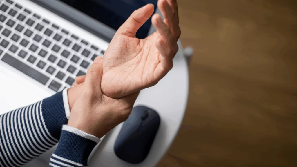 A person suffering from wrist pain at a computer workstation, demonstrating the need for a repetitive strain injury chiropractor in Fort Lauderdale.