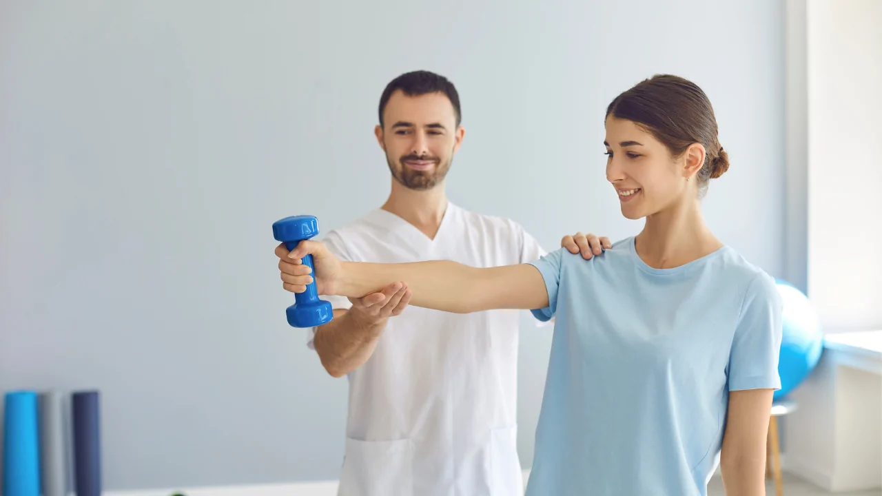 A male chiropractor in a white uniform assisting a female patient with a dumbbell lateral raise to strengthen the shoulder joint as part of treatment for a rotator cuff injury in Fort Lauderdale.