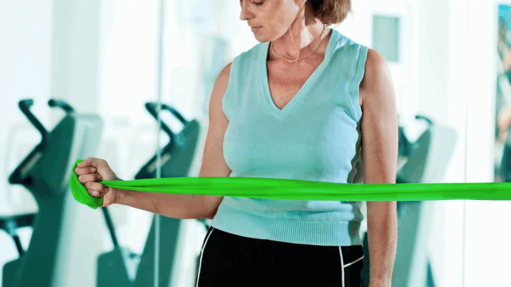 A female patient in a gym setting using a green resistance band for shoulder external rotation to demonstrate the rehabilitative phase of care with a rotator cuff injury chiropractor in Fort Lauderdale.