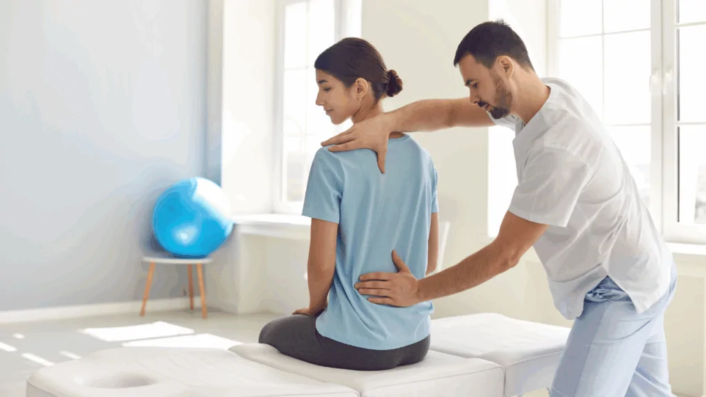A chiropractor in a white coat pointing to a spinal model while discussing diagnostic results with a patient to determine a plan for spinal stenosis treatment at Spine and Joint Center in Fort Lauderdale.