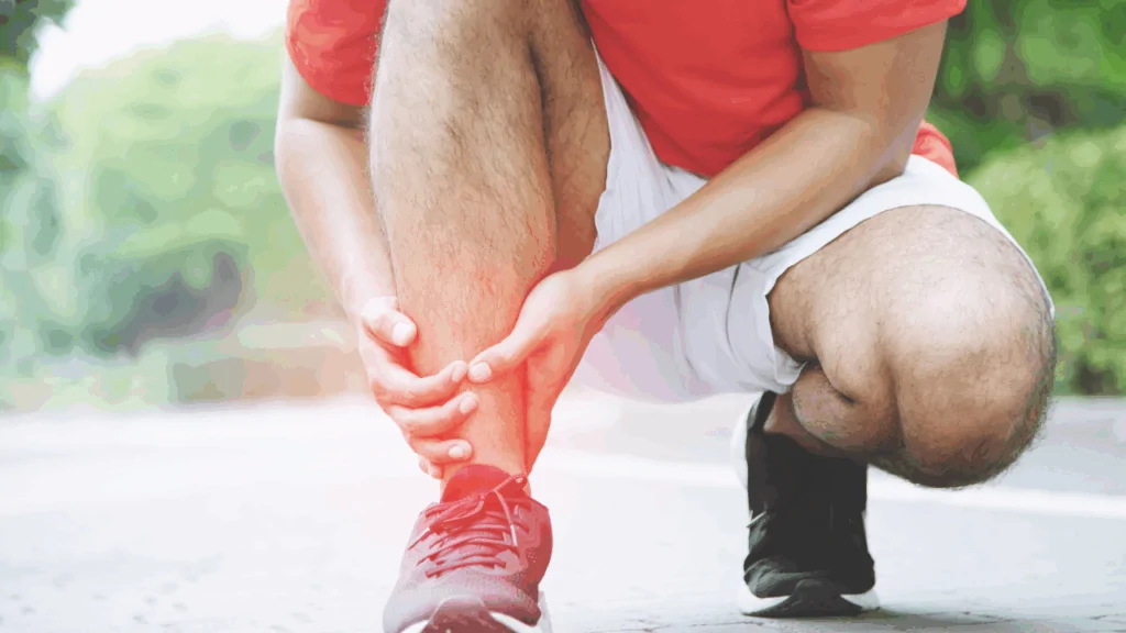 A male athlete in a red shirt crouching on a track and clutching a swollen, painful ankle to illustrate the need for sprains & strains treatment from a chiropractor in Fort Lauderdale.
