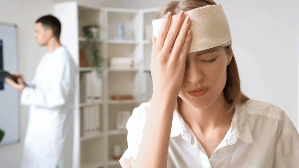 A woman with a bandaged head suffering from a headache or concussion, highlighting specialized treatment services at Spine and Joint Center in Fort Lauderdale.