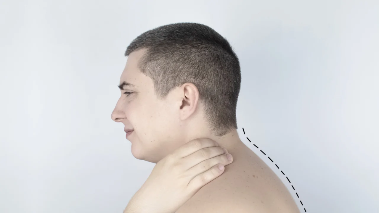 A close-up of a man touching his neck and upper back with a dashed line illustrating the rounded spinal curvature addressed by kyphosis treatment at Spine and Joint Center in Fort Lauderdale.