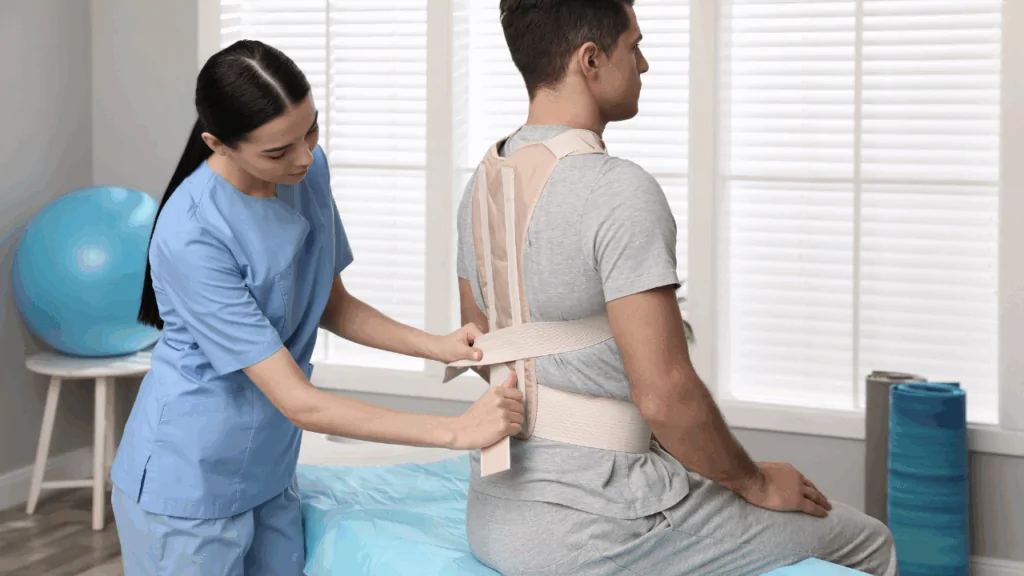 A chiropractor in blue scrubs fitting a corrective spinal brace on a male patient to provide specialized kyphosis treatment at Spine and Joint Center in Fort Lauderdale.