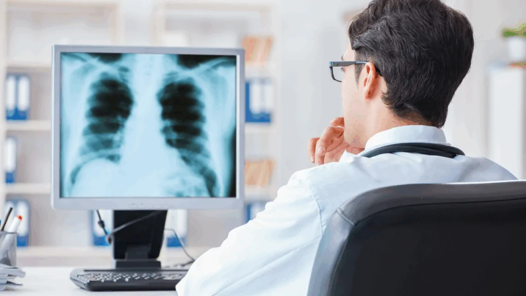 A clinician in a white coat reviewing a chest and spinal X-ray on a computer monitor to perform a detailed X-ray and spinal analysis at Spine and Joint Center in Fort Lauderdale.
